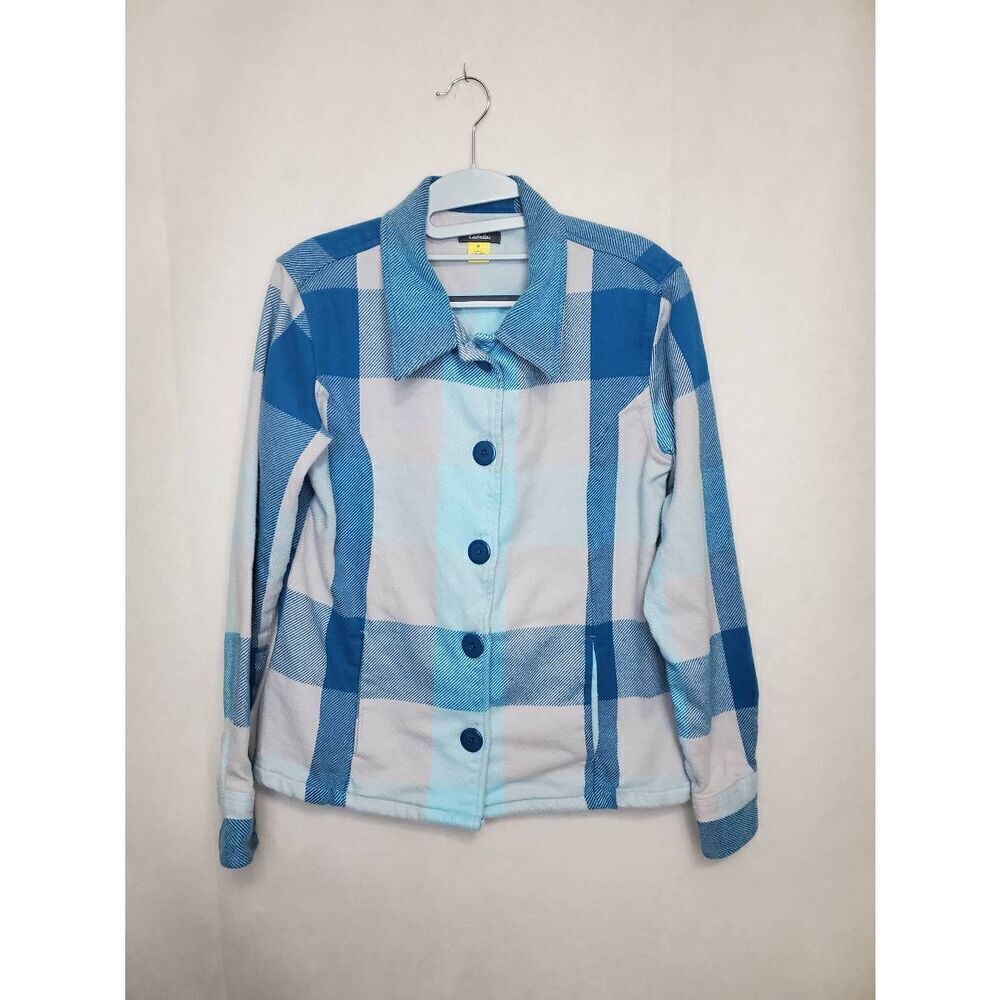 Cabela's Women's Blue and Grey Plaid Button Up Flannel Shacket Farm Chores Cozy